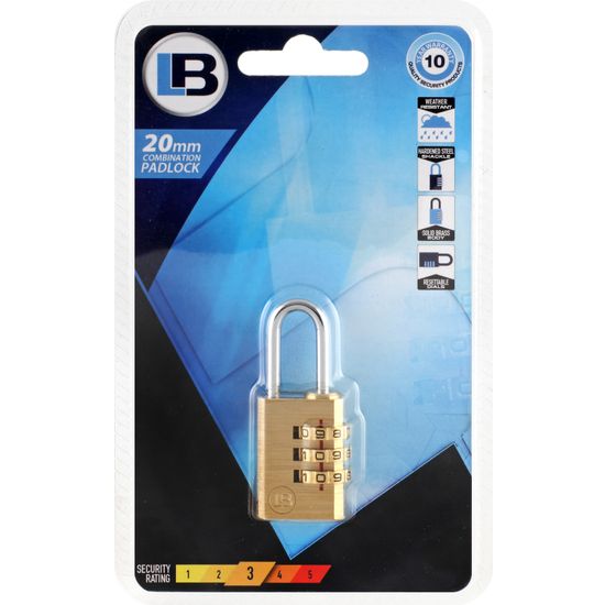 L&b Padlock Combination Brass Resettable 20mm