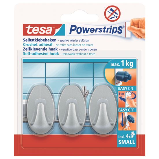 TESA Powerstrips Hooks Small Oval 3 Hooks/ 4 Strips Chrome Matt (ip 6)