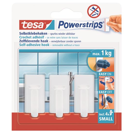 TESA Powerstrips Hooks Small Rectangular Classic 3 Hooks/ 4 Strips White (ip 6)