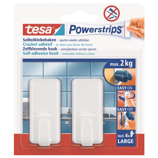 TESA Powerstrips Hooks Large Rectangular Classic 2 Hooks/ 4 Strips White (ip 6)