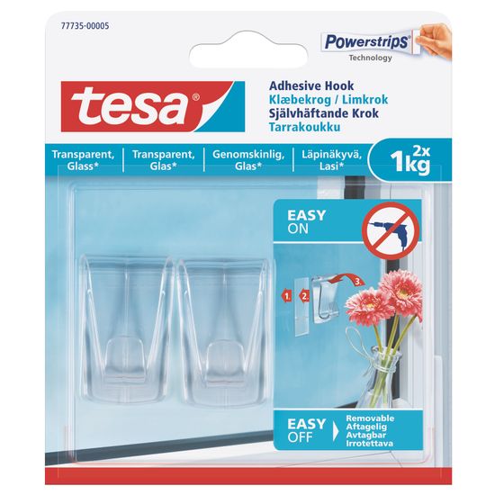 TESA Adhesive Hooks- Transparent Surface Large 2 Hooks/ 3 Strips (ip 8)