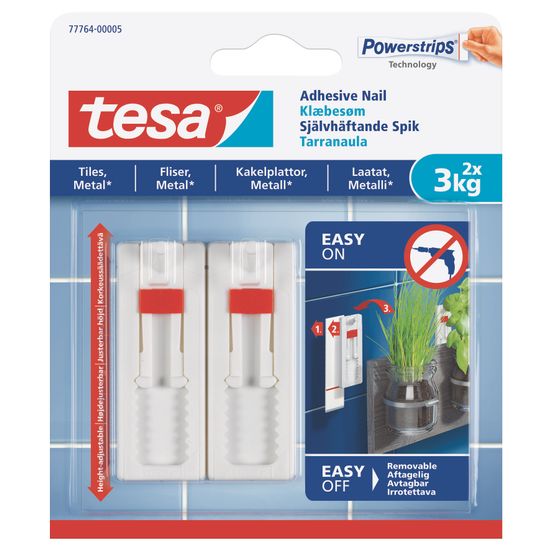 TESA Adhesive Nail Adjustable 3kg - Tiles 2 Hooks/ 3 Strips (ip 8)