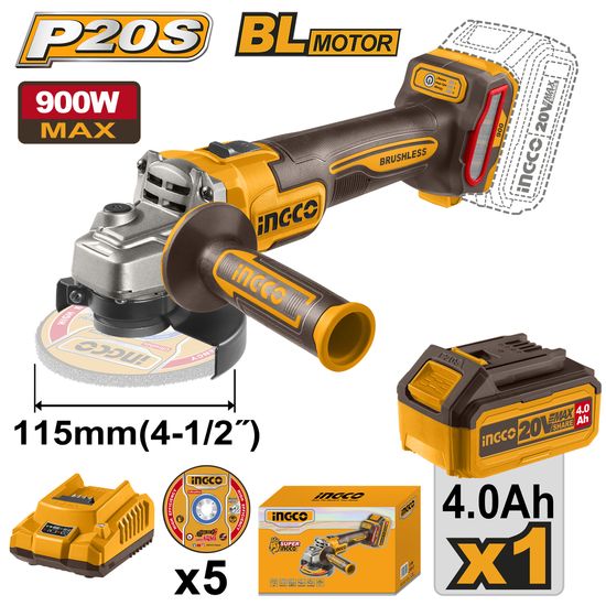 INGCO 20v Ps+ C/l Grinder 115mm B/l Kit
