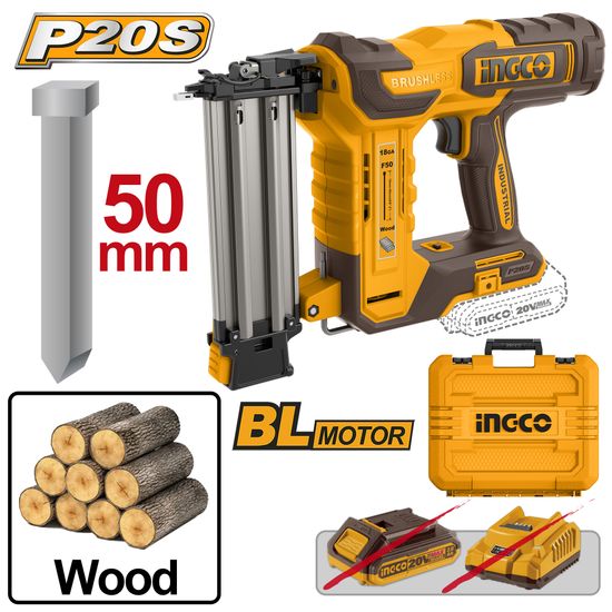 INGCO 20v Ps+ C/l Brad Nailer F15-50 + Acc