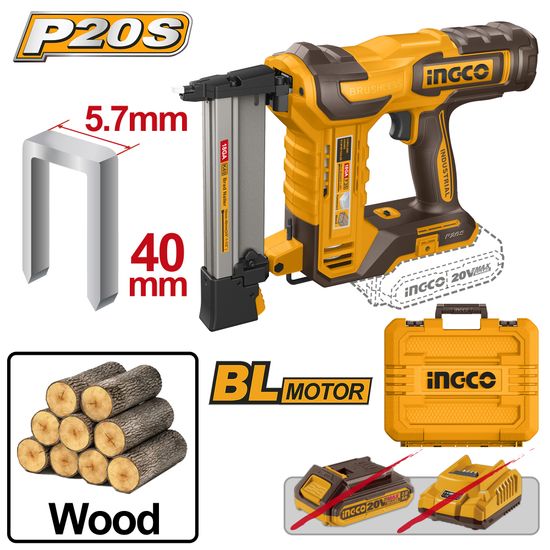 INGCO 20v Ps+ C/l Crown Stapler 5.7x40mm + Acc In Case