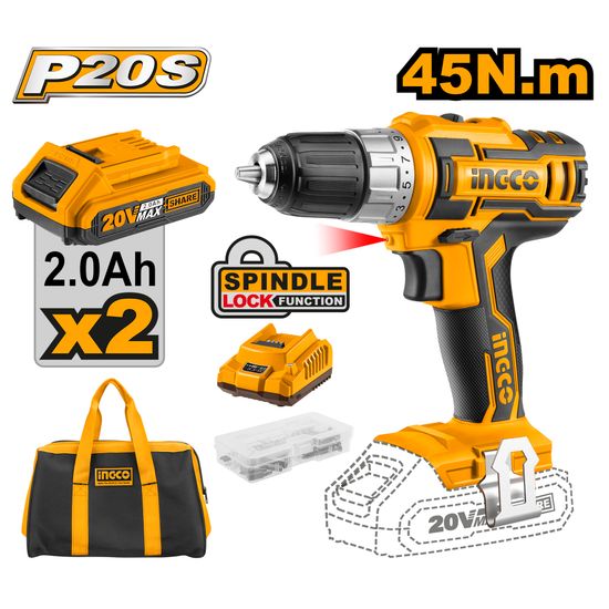 INGCO 20v Ps+ C/l Drill 45nm Kit 2b