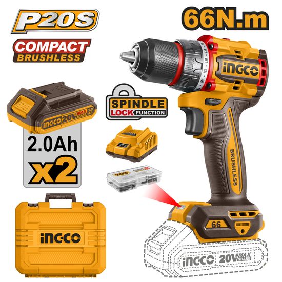 INGCO 20v Ps+ C/l B/l Drill 66nm Kit In Case