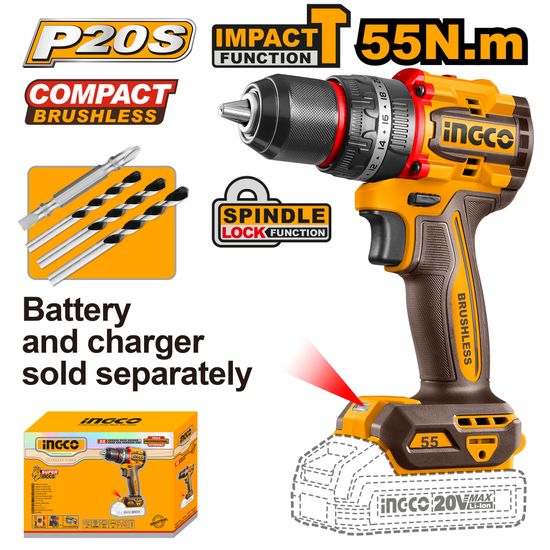 INGCO 20v Ps+ C/l Drill B/less 55nm Imp + Acc