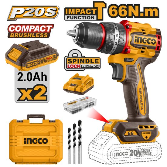 INGCO 20v Ps+ C/l Drill B/l 66nm Imp Kit +acc