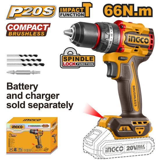 INGCO 20v Ps+ C/l Drill B/less 66nm Imp + Acc