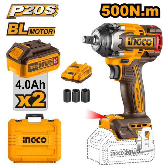 INGCO 20v Ps+ C/l Wrench 500nm Imp B/less Kit 2bat