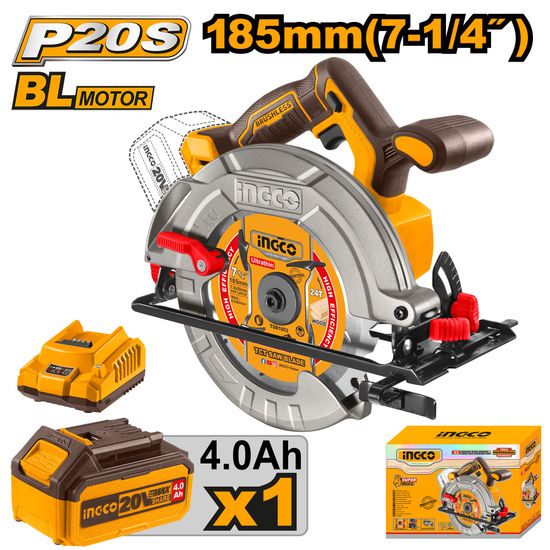 INGCO 20v Ps+ C/l C/saw B/less 185mm Kit Bat + Acc