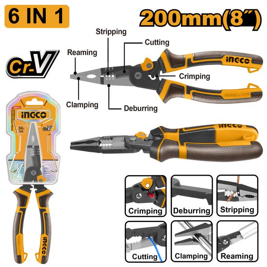 INGCO Plier Multi/f L/nose 6 In 1 200mm Cr-v
