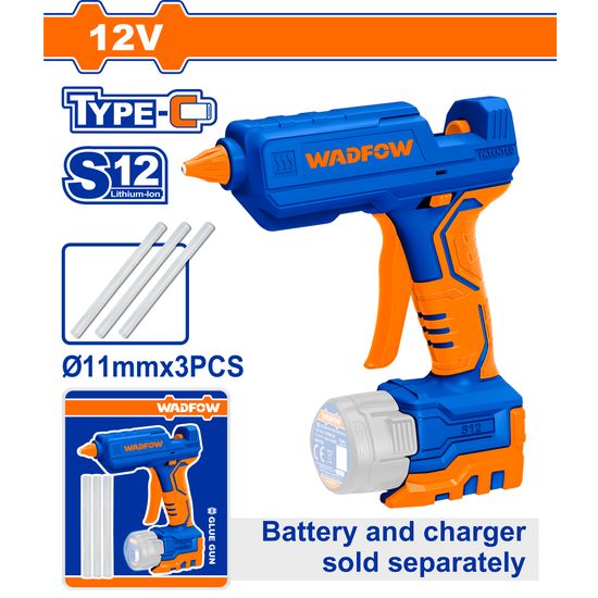 WADFOW 12v Ps+c/l Glue Gun 15-18g/min Incl 3pc Stik