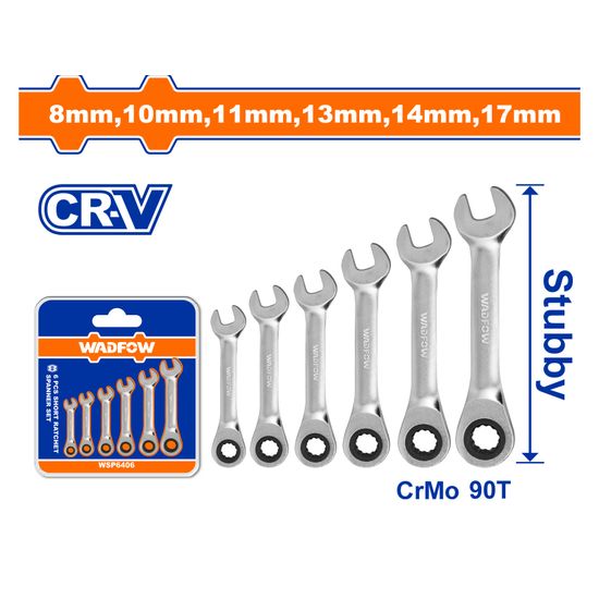 WADFOW Spanner Ratchet Stubby Set Cr-mo 90t 8-17mm 6pcs