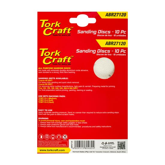 TORK CRAFT Sanding Disc 125mm No Hole 120 Grit 10/pack Hook And Loop