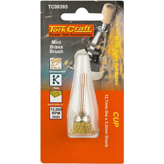 TORK CRAFT Mini Brass Brush 12.7mm Cup 3.2mm Shank